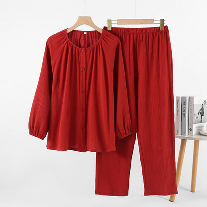 Ensemble pyjama minimaliste en coton rouge pour couples - col rond - Rouge - Femme : XL - image 2