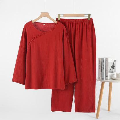 Ensemble pyjama minimaliste en coton rouge pour couples - Cou asymétrique - Rouge - Femme : XL - image 3