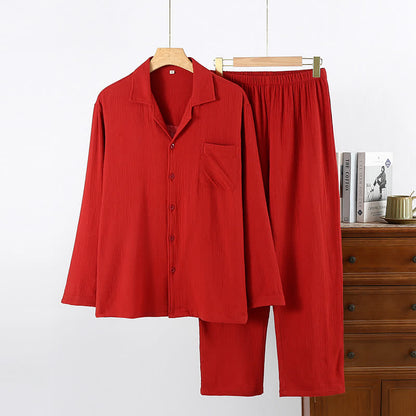 Ensemble pyjama minimaliste en coton rouge pour couples - revers de col - Rouge - Homme : XL - image 1