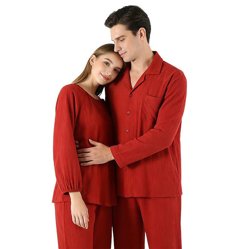 Ensemble pyjama minimaliste en coton rouge pour couples - image 0