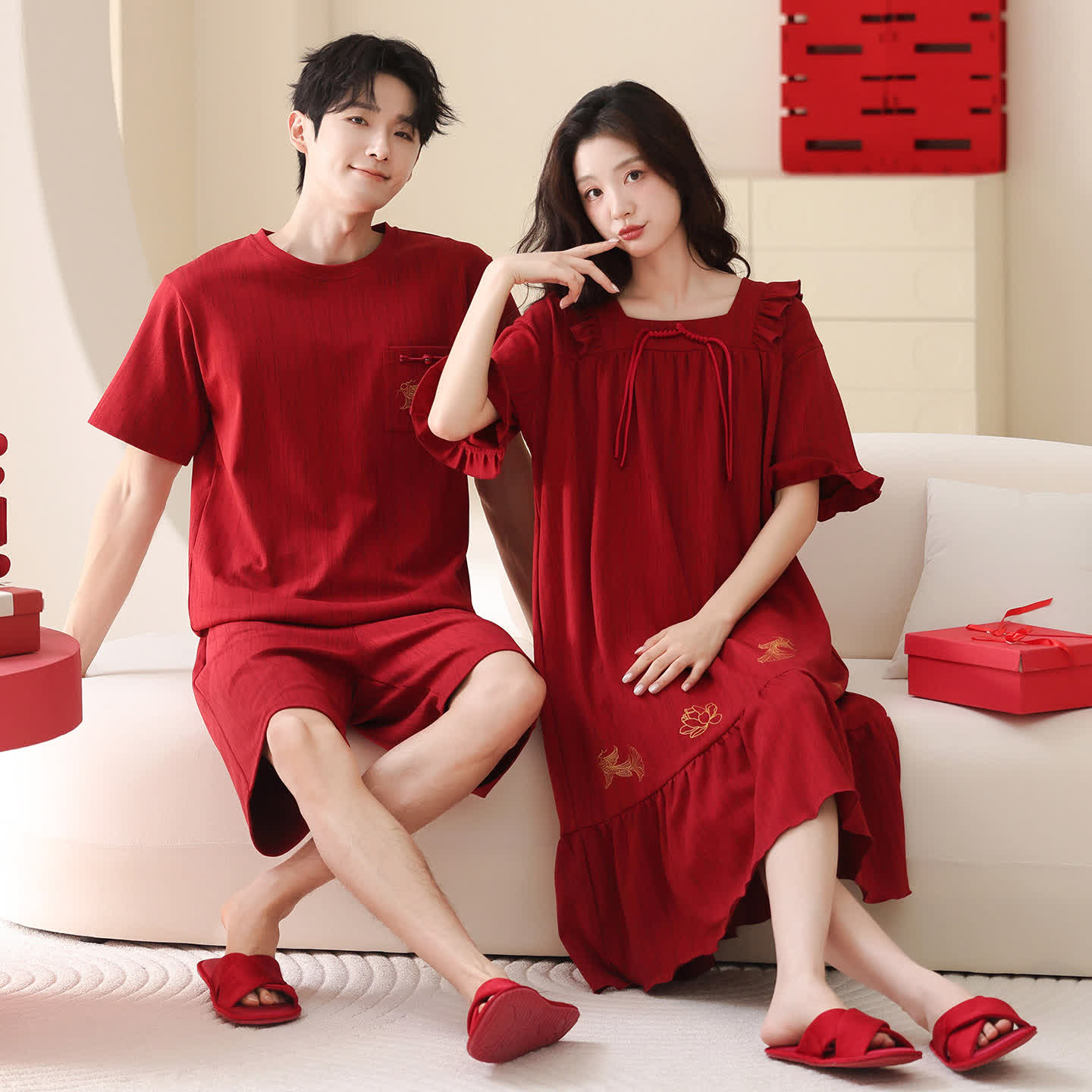 Ensemble pyjama rouge en pur coton pour couples - Rouge - Femmes - XXL - image 0