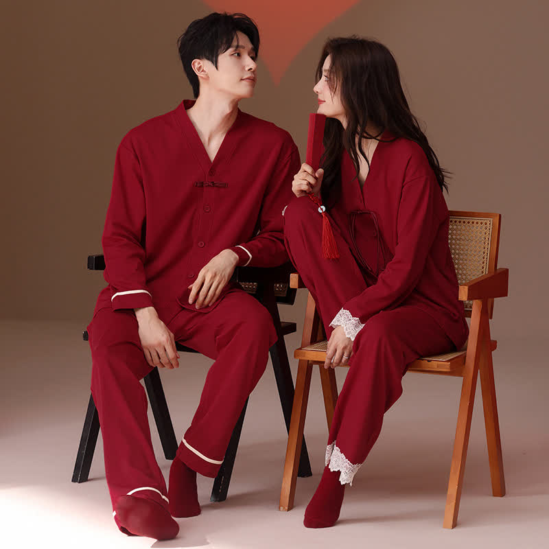 Ensemble pyjama vintage en coton pour couples avec col en V - image 1