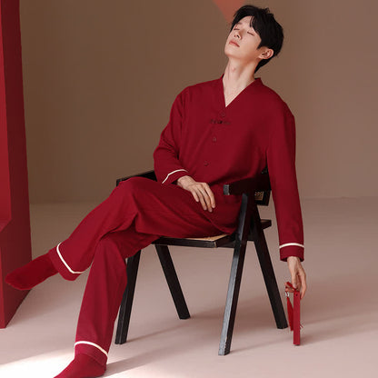 Ensemble pyjama vintage en coton pour couples avec col en V - Rouge - Hommes - 3XL - image 3