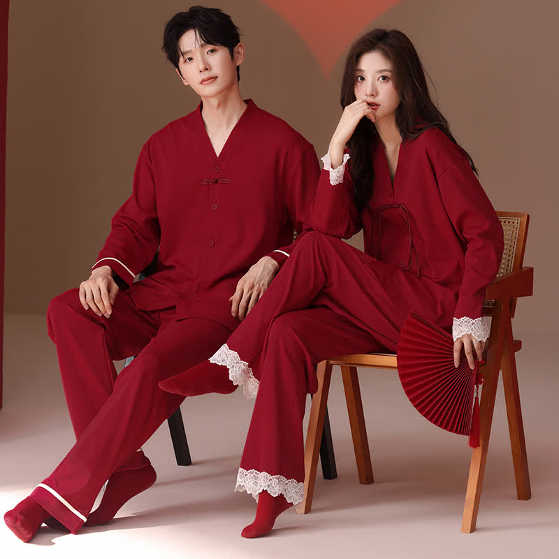 Ensemble pyjama vintage en coton pour couples avec col en V - image 0