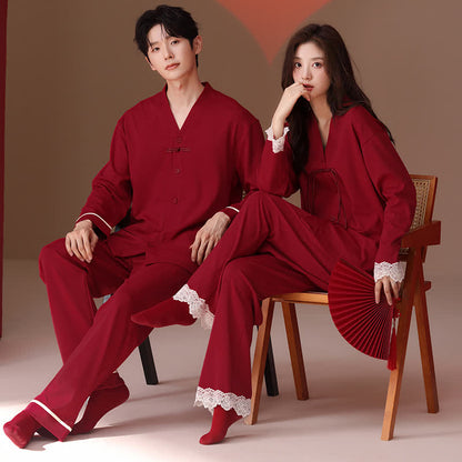 Ensemble pyjama vintage en coton pour couples avec col en V - image 0