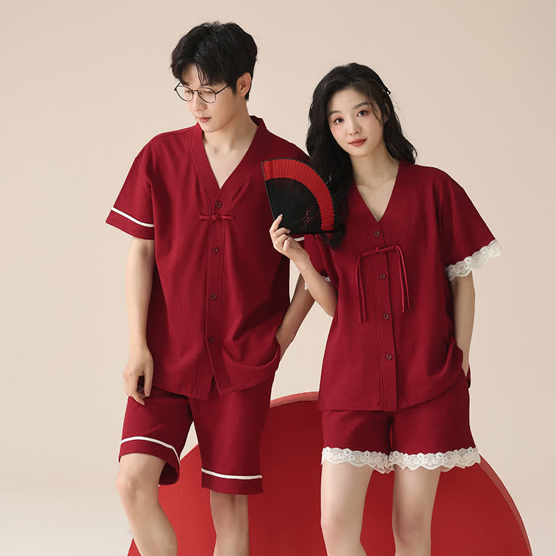 Ensemble pyjama en coton à manches courtes pour couples - Rouge - Femmes - XXL - image 0