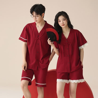 Ensemble pyjama en coton à manches courtes pour couples - Rouge - Femmes - XXL - image 0