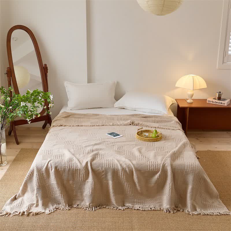 Couverture matelassée en coton avec bordure en piqué gaufré et pompons - Café - 200 cm x 230 cm - image 11