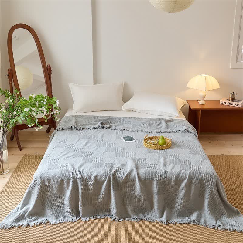 Couverture matelassée en coton avec bordure en piqué gaufré et pompons - Gris - 200 cm x 230 cm - image 10