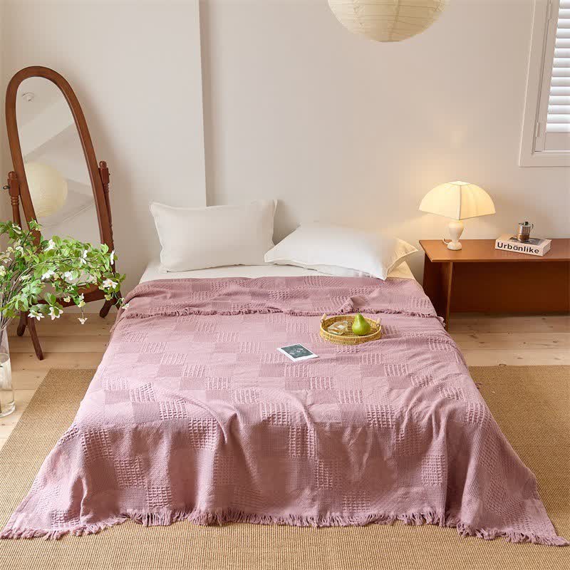 Couverture matelassée en coton avec bordure en piqué gaufré et pompons - Rose - 200 cm x 230 cm - image 2