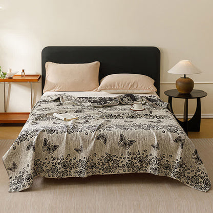 Couverture de style cottage à motif floral et papillons, confectionnée en pur coton. - Noir - 200 cm x 230 cm - image 0