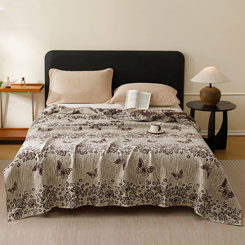 Couverture de style cottage à motif floral et papillons, confectionnée en pur coton. - Brun - 200 cm x 230 cm - image 2
