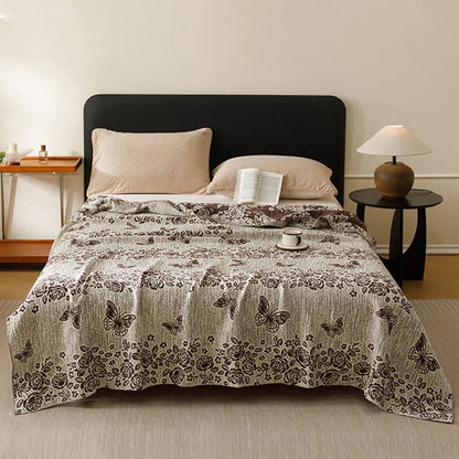 Couverture de style cottage à motif floral et papillons, confectionnée en pur coton. - Brun - 200 cm x 230 cm - image 2
