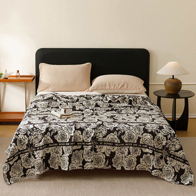 Couverture « Rose fleurie de campagne » en pur coton - Noir - 200 cm x 230 cm - image 0