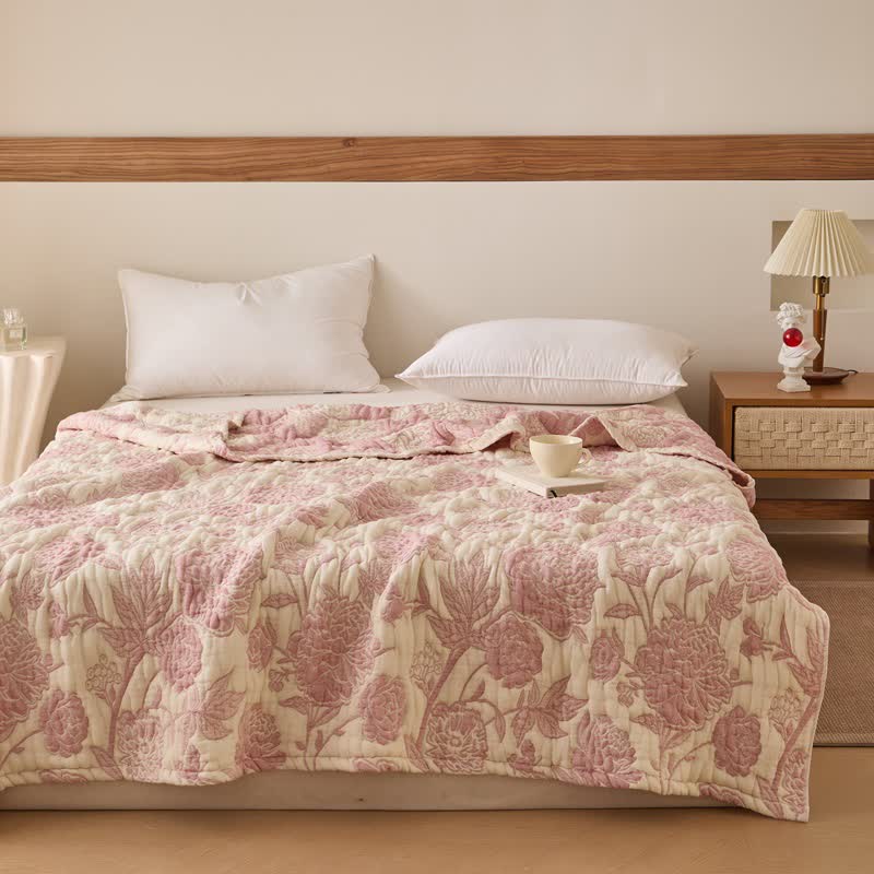 Couette réversible en gaze de coton à motif pivoine - Rose - 200 cm x 230 cm - image 0