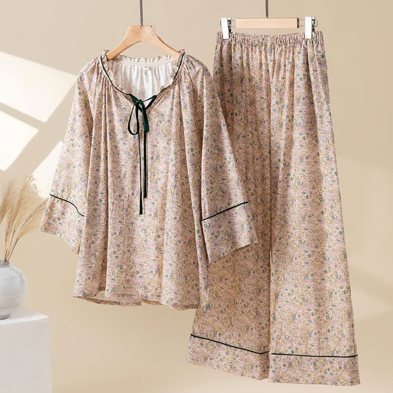 Ensemble de vêtements d'intérieur champêtres en coton à motifs floraux et volants - rose foncé - XL - image 0