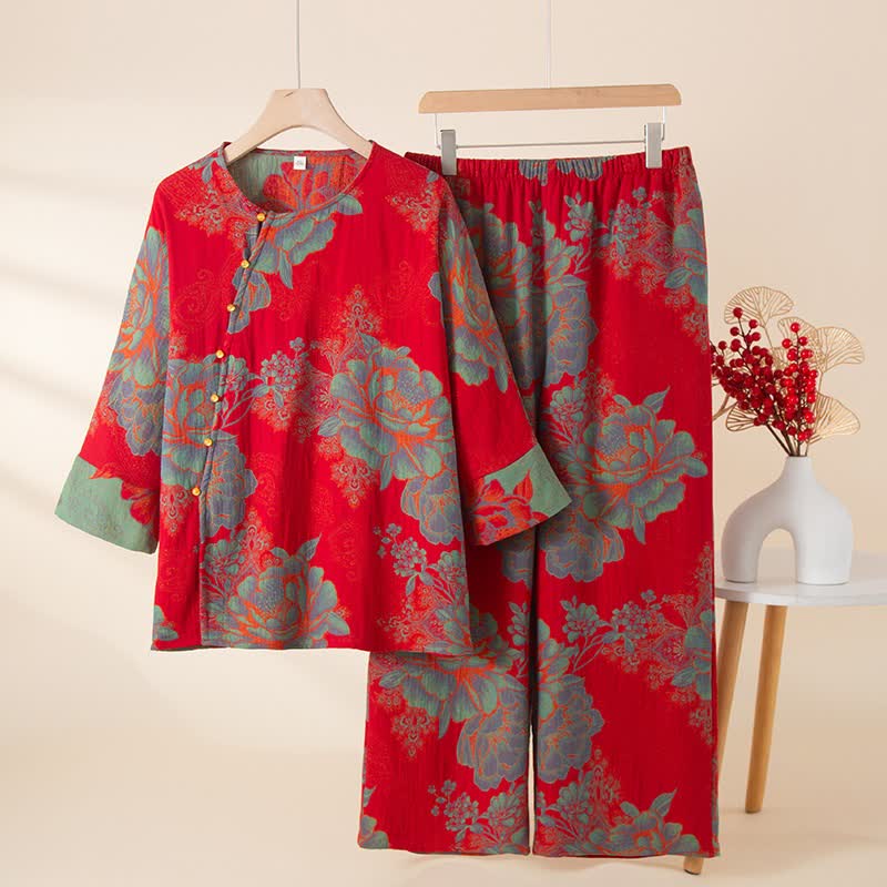 Ensemble pyjama vintage en coton oriental à motif pivoine - Rouge - XL - image 0