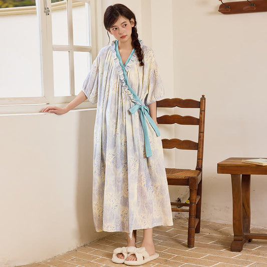 Nuisette vintage artistique avec col à volants et lien sur le côté. - Bleu  - XXL - image 0