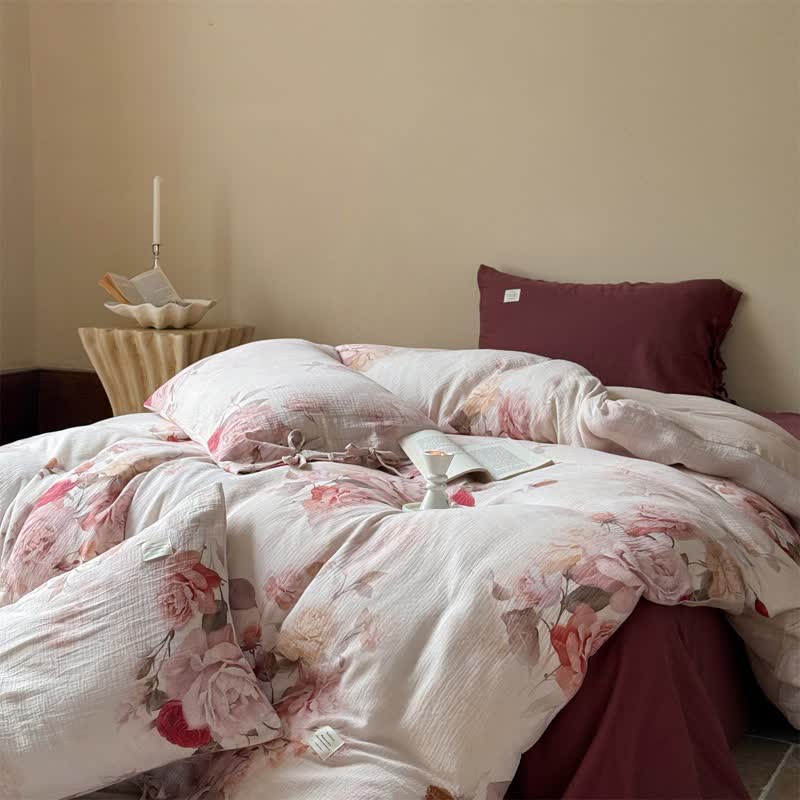 Parure de lit élégante en coton à motif de roses avec attaches (4 pièces) - image 2