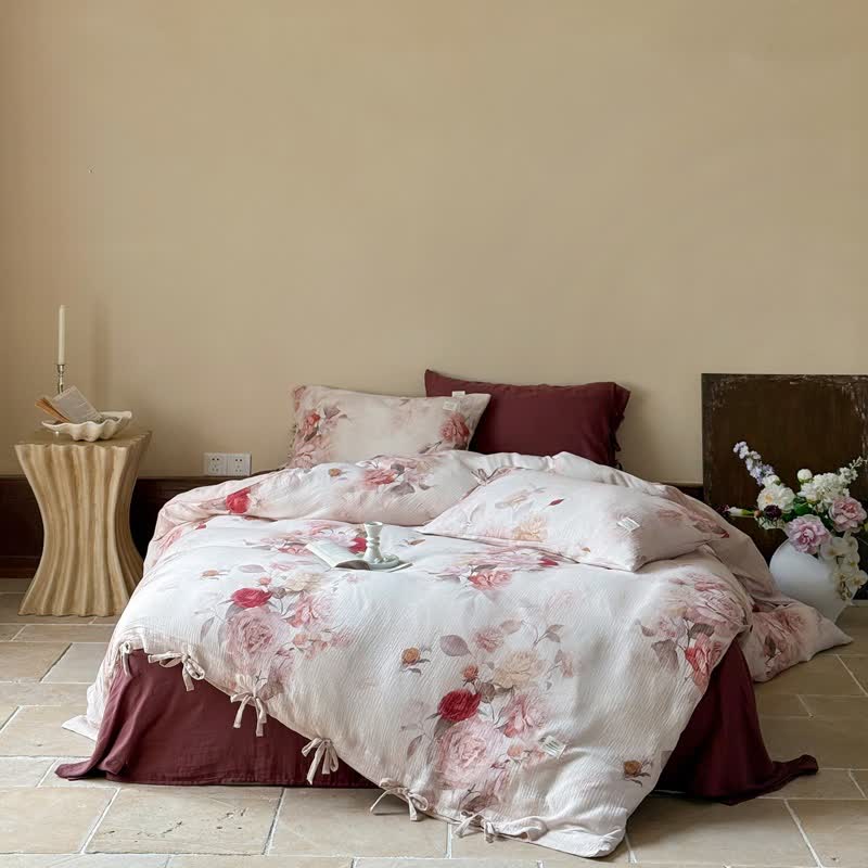 Parure de lit élégante en coton à motif de roses avec attaches (4 pièces) - 220 cm x 240 cm - image 0