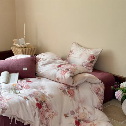 Parure de lit élégante en coton à motif de roses avec attaches (4 pièces) - image 1