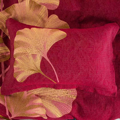 Ensemble de literie en coton avec motif de feuilles de ginkgo rouges et dorées (4 pièces) - image 4