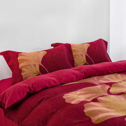 Ensemble de literie en coton avec motif de feuilles de ginkgo rouges et dorées (4 pièces) - image 1