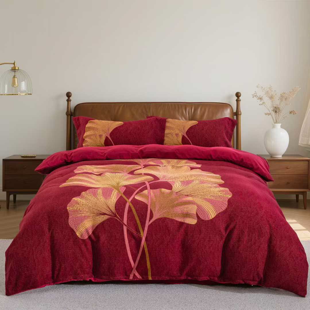 Ensemble de literie en coton avec motif de feuilles de ginkgo rouges et dorées (4 pièces) - 220 cm x 240 cm - image 0