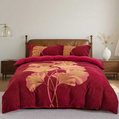 Ensemble de literie en coton avec motif de feuilles de ginkgo rouges et dorées (4 pièces) - 220 cm x 240 cm - image 0