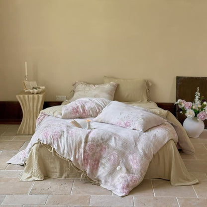 Parure de lit élégante à motif pivoine et liens en coton (4 pièces) - Rose et vert - 220 cm x 240 cm - image 0