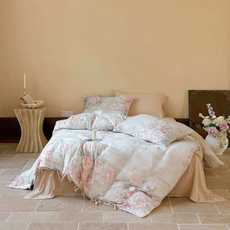 Parure de lit élégante à motif pivoine et liens en coton (4 pièces) - Rose et bleu - 220 cm x 240 cm - image 2