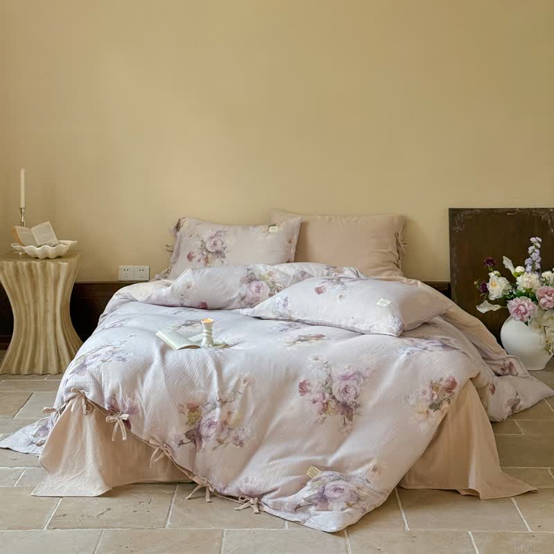 Ensemble de literie en coton avec un motif floral discret et des liens (4 pièces) - rose clair - 220 cm x 240 cm - image 0
