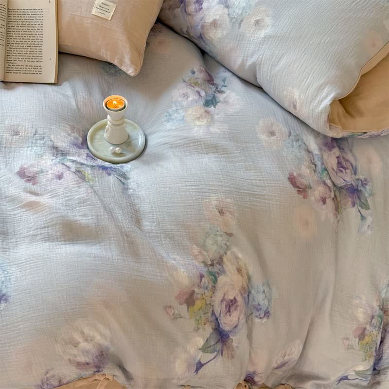 Ensemble de literie en coton avec un motif floral discret et des liens (4 pièces) - image 12