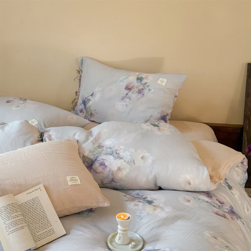 Ensemble de literie en coton avec un motif floral discret et des liens (4 pièces) - image 9