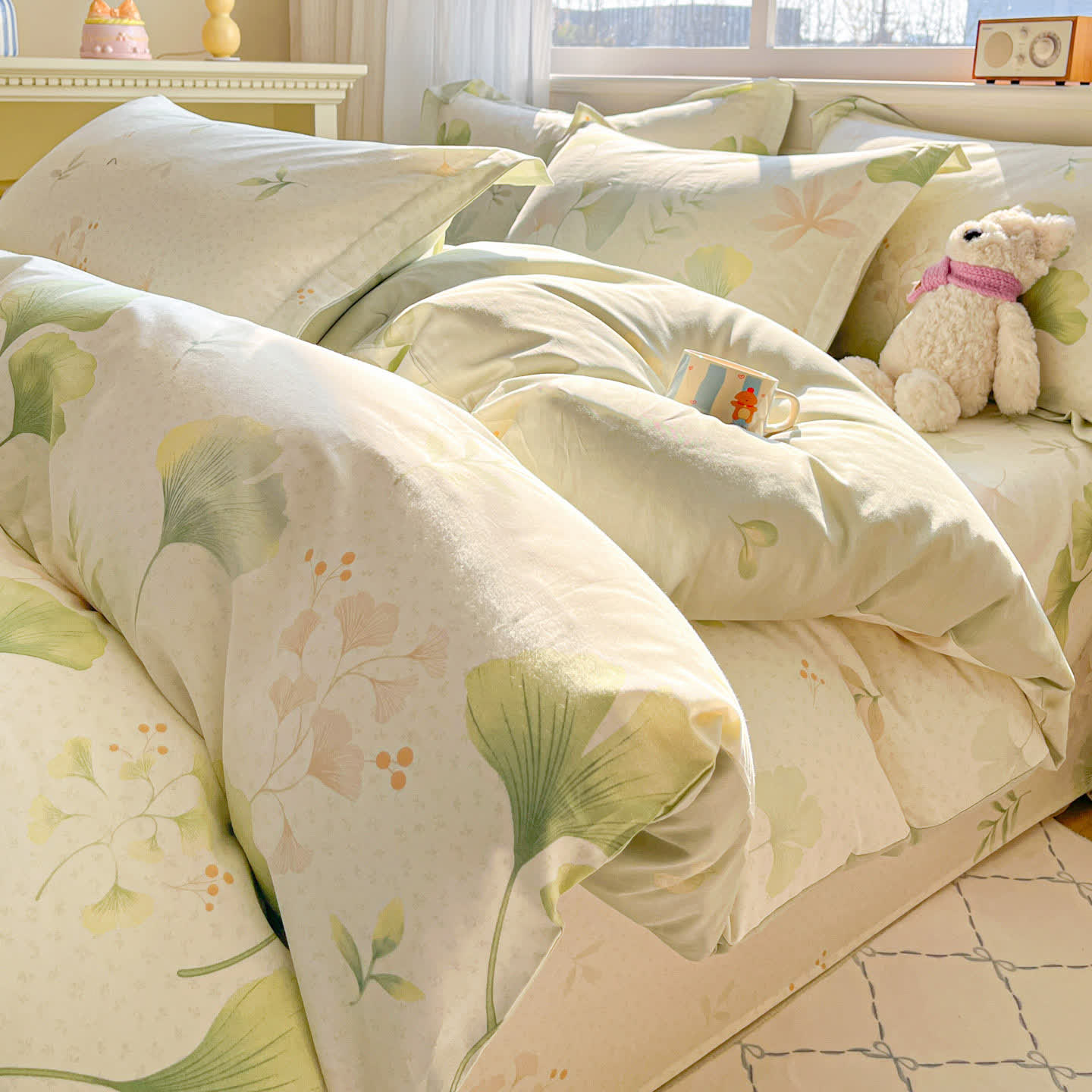 Linge de lit en coton frais et rustique à motif de feuilles de ginkgo - ensemble de literie - 220 cm x 240 cm - image 0