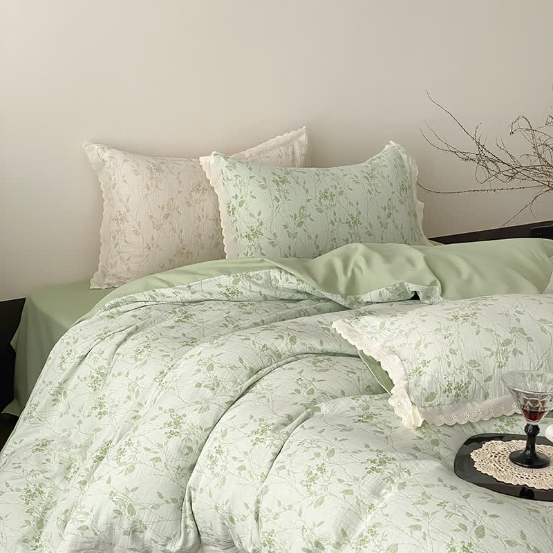 Ensemble de literie vintage en gaze de coton avec un subtil motif de feuilles (4 pièces) - Vert - 220 cm x 240 cm - image 0
