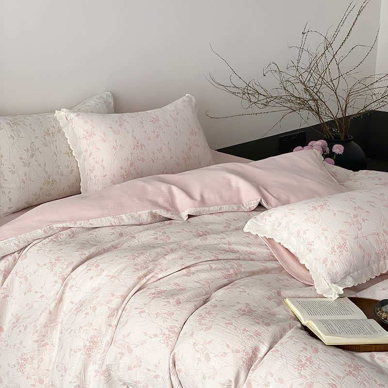 Ensemble de literie vintage en gaze de coton avec un subtil motif de feuilles (4 pièces) - Rose - 220 cm x 240 cm - image 6