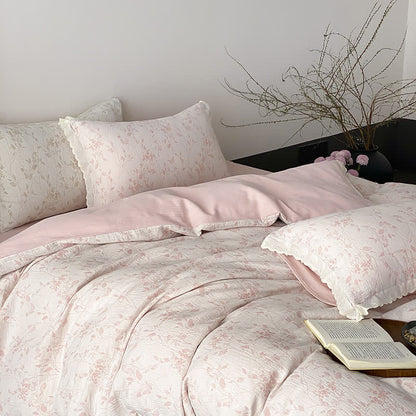 Ensemble de literie vintage en gaze de coton avec un subtil motif de feuilles (4 pièces) - Rose - 220 cm x 240 cm - image 6