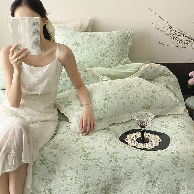 Ensemble de literie vintage en gaze de coton avec un subtil motif de feuilles (4 pièces) - image 1