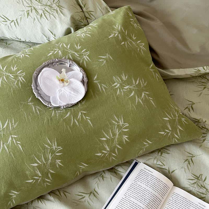 Parure de lit en coton jacquard à motif de feuilles de bambou orientales (4 pièces) - image 8