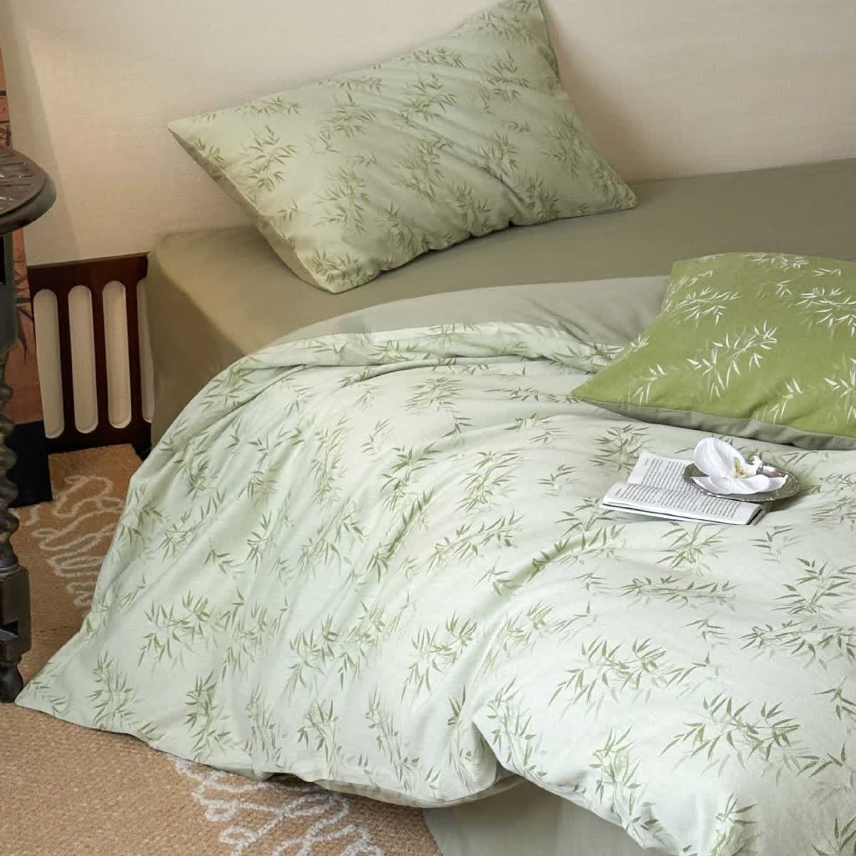 Parure de lit en coton jacquard à motif de feuilles de bambou orientales (4 pièces) - image 3