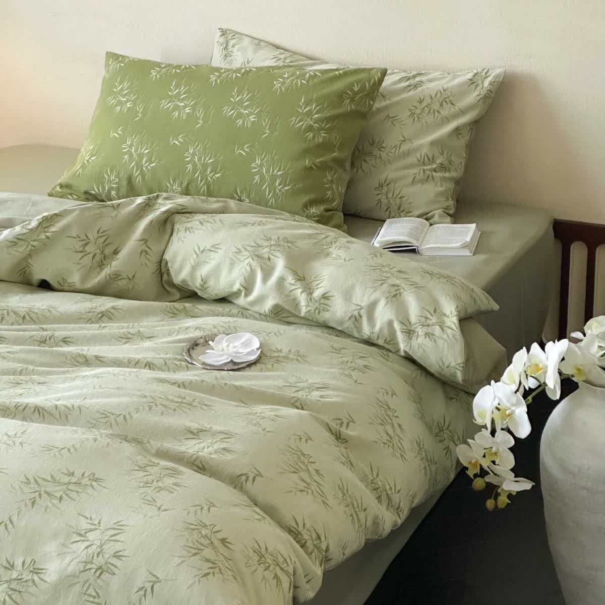 Parure de lit en coton jacquard à motif de feuilles de bambou orientales (4 pièces) - Vert clair - 220 cm x 240 cm - image 0