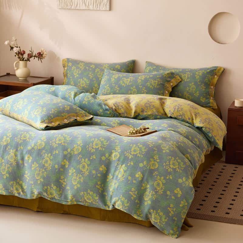 Linge de lit en gaze de coton à motifs de roses vertes et jaunes - image 1