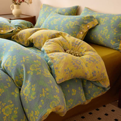 Linge de lit en gaze de coton à motifs de roses vertes et jaunes - ensemble de literie - 220 cm x 240 cm - image 0