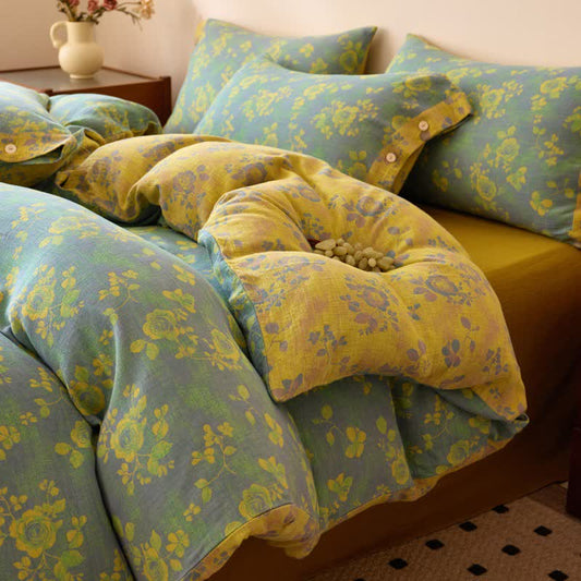 Linge de lit en gaze de coton à motifs de roses vertes et jaunes - ensemble de literie - 220 cm x 240 cm - image 0