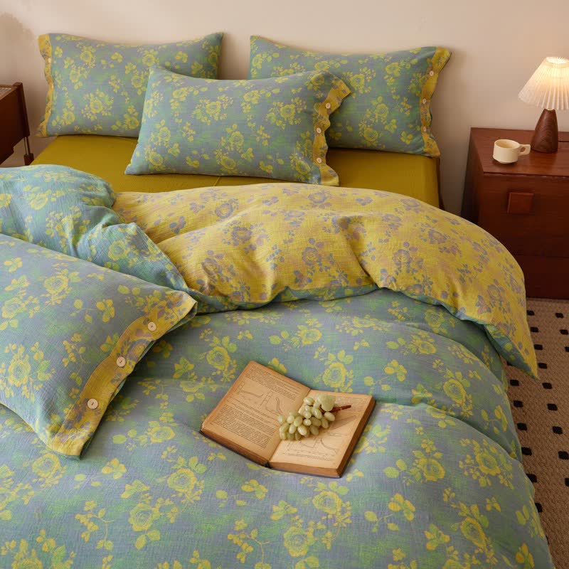 Linge de lit en gaze de coton à motifs de roses vertes et jaunes - image 4