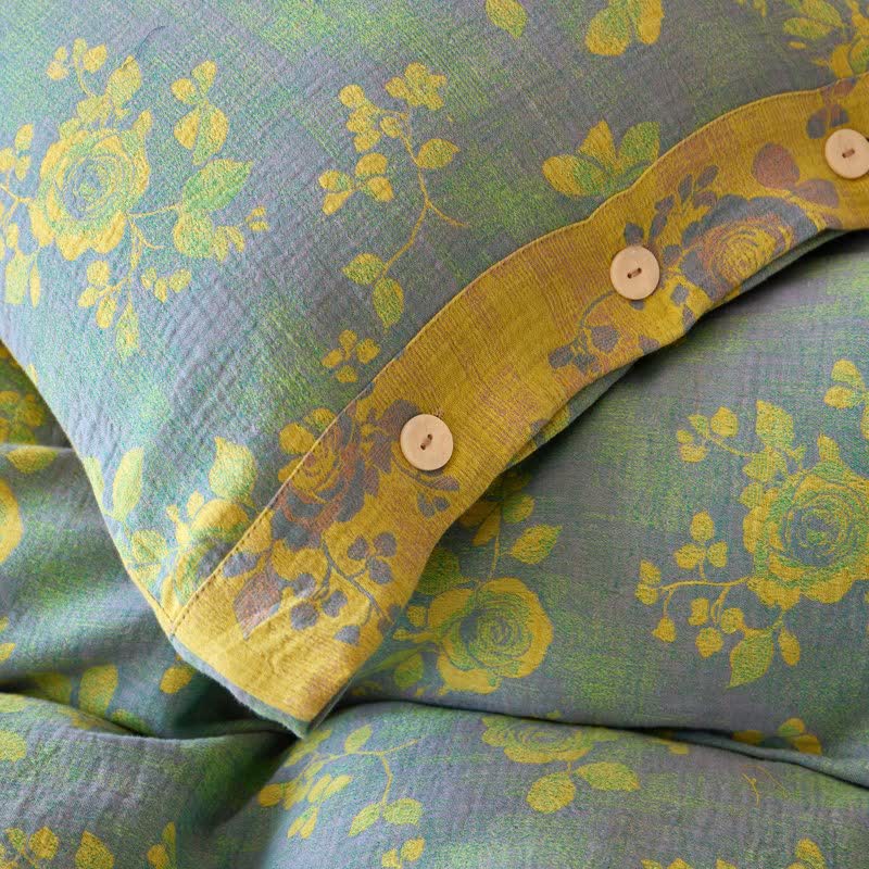 Linge de lit en gaze de coton à motifs de roses vertes et jaunes - image 9
