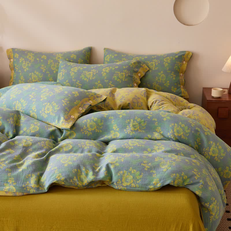 Linge de lit en gaze de coton à motifs de roses vertes et jaunes - image 3