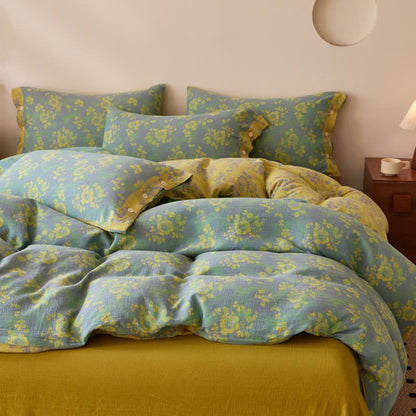 Linge de lit en gaze de coton à motifs de roses vertes et jaunes - image 3