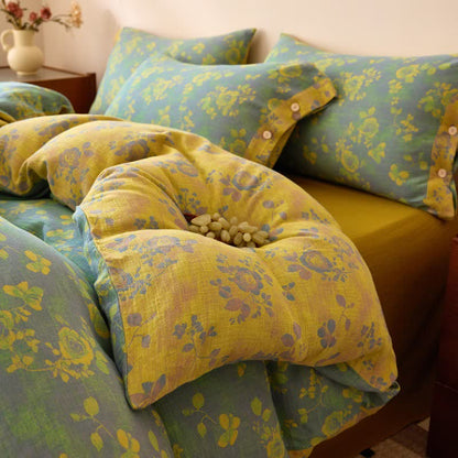 Linge de lit en gaze de coton à motifs de roses vertes et jaunes - image 5